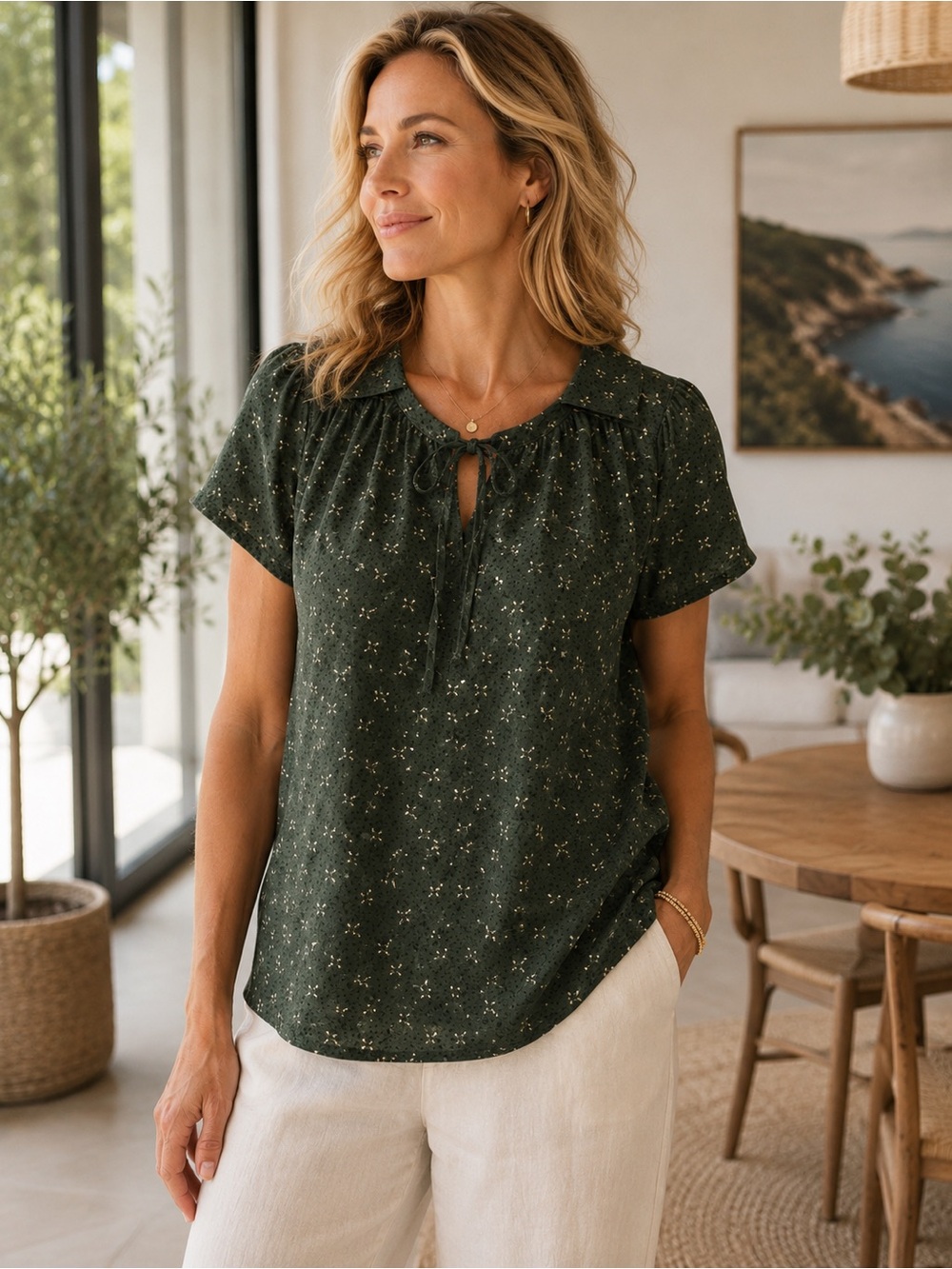 LOFT Dark Green Blouse with Floral Pattern